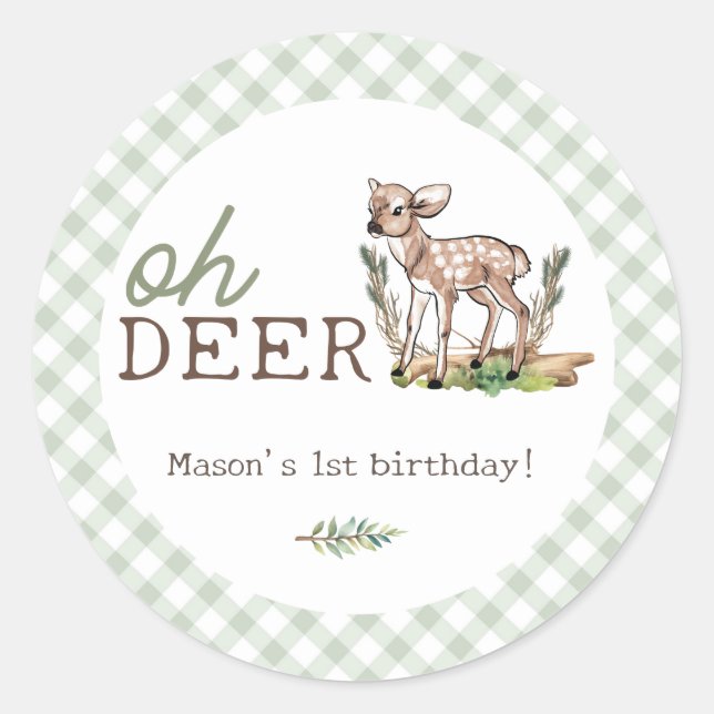 Sticker Rond Boy's Oh Deer Woodland Baby Deer Birthday (Devant)