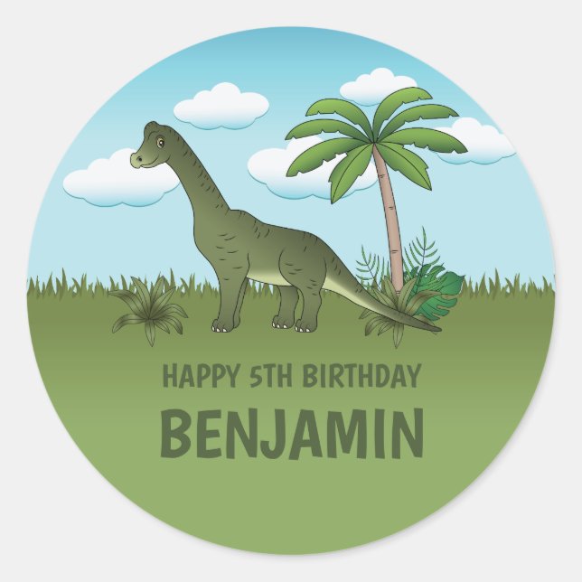 Sticker Rond Brachiosaure Dinosaure Avec Nom Anniversaire Tropi (Devant)