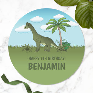 Sticker Rond Brachiosaurus Dinosaure Avec Le Nom Anniversaire T