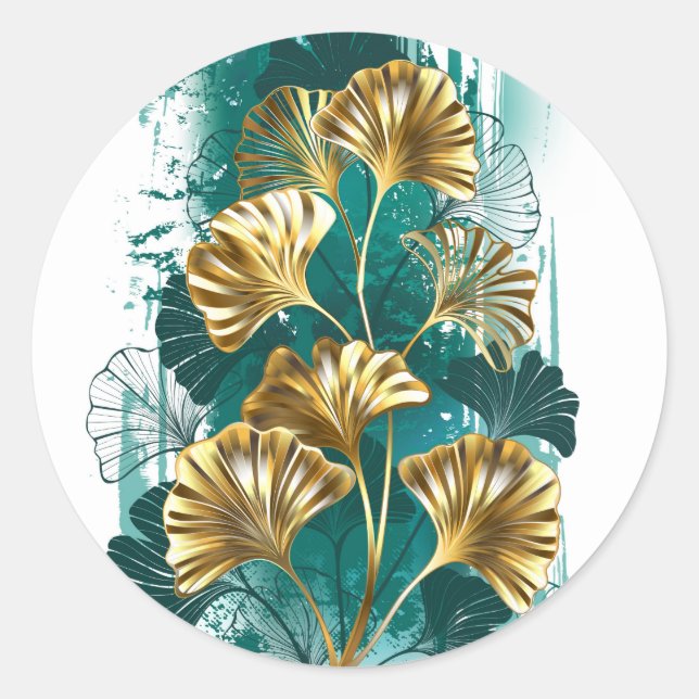 Sticker Rond Branche avec Feuilles d'or Ginko Biloba (Devant)