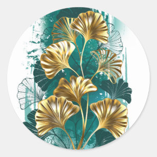 Sticker Rond Branche avec Feuilles d'or Ginko Biloba