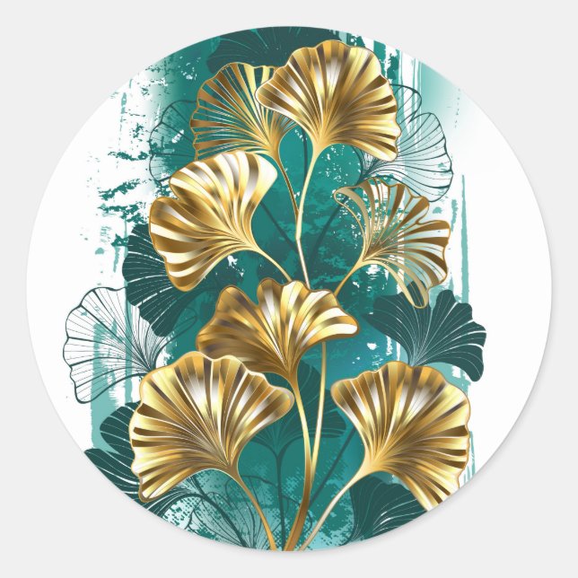 Sticker Rond Branche avec Feuilles d'or Ginko Biloba (Devant)
