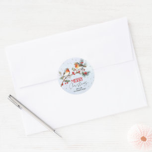 Sticker Rond Branche avec oiseaux rouges et baies Noël