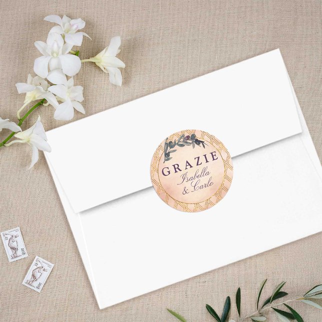 Sticker Rond Branche d'olive chic et treillis d'or italien (Chic Olive Branches & Gold Lattice Sticker)