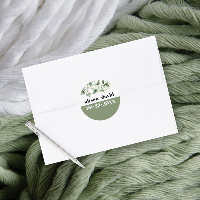 Sticker Rond Branche et fleurs d'eucalyptus, mariage de typogra (Créateur téléchargé)