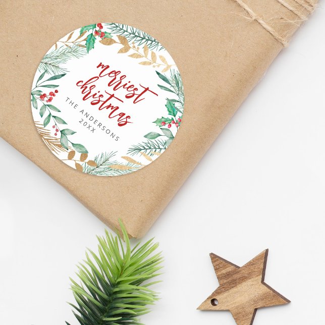 Sticker Rond Branches à huile d'or Aquarelle couronne de Noël (Créateur téléchargé)