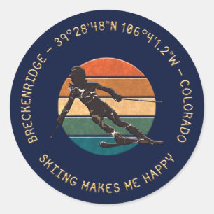 Sticker Rond Breckenridge, Colorado - Femme Skier, Texte D'Or