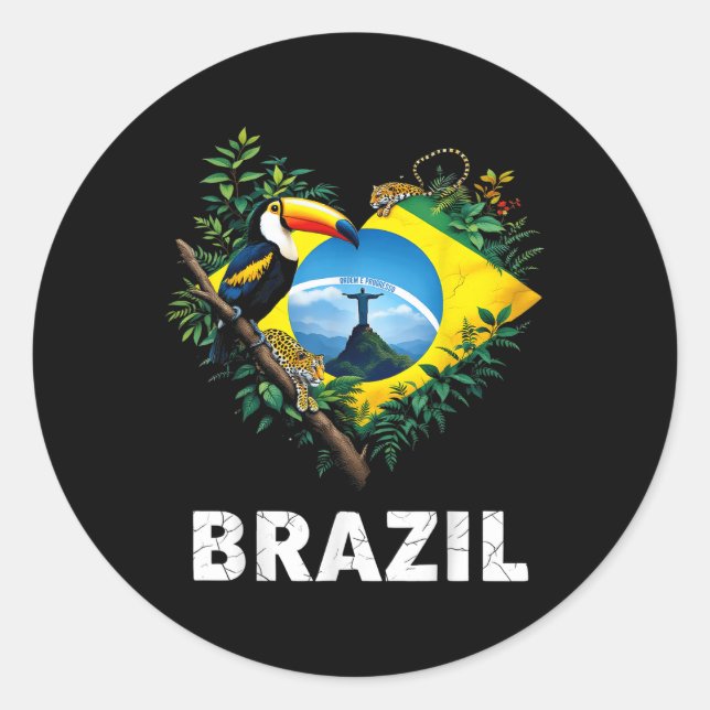 Sticker Rond Brésil Drapeau Toucan Jungle Heart (Devant)