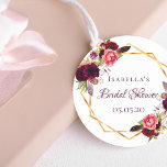 Sticker Rond Bridal Shower watercolored florals burgundy gold<br><div class="desc">A trendy Bohemian boho style sticker for a bridal shower. Decorated with watercolored roses in burgundy and pink. Elegant white background. A faux gold geometric frame. Templates for the bride's name and a date. With the text: Bridal Shower written with a hand lettered style script. Burgundy colored letters. Great for...</div>