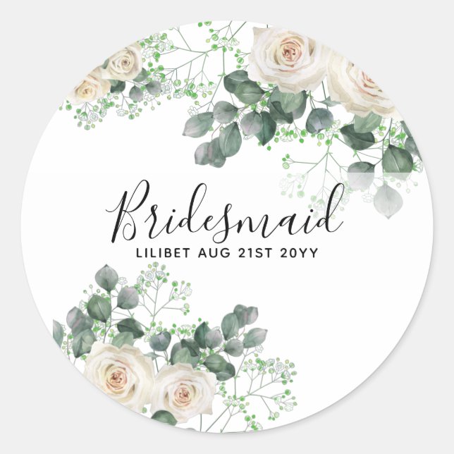 Sticker Rond Bridesmaid Cadeaux Roses Blanches Thème Personnali (Devant)