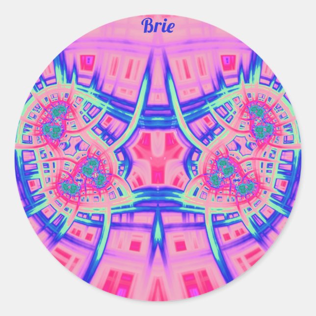 Sticker Rond BRIE ~ Bleu rose et vert BRIGHT AMUSANT! ~ Classiq (Devant)