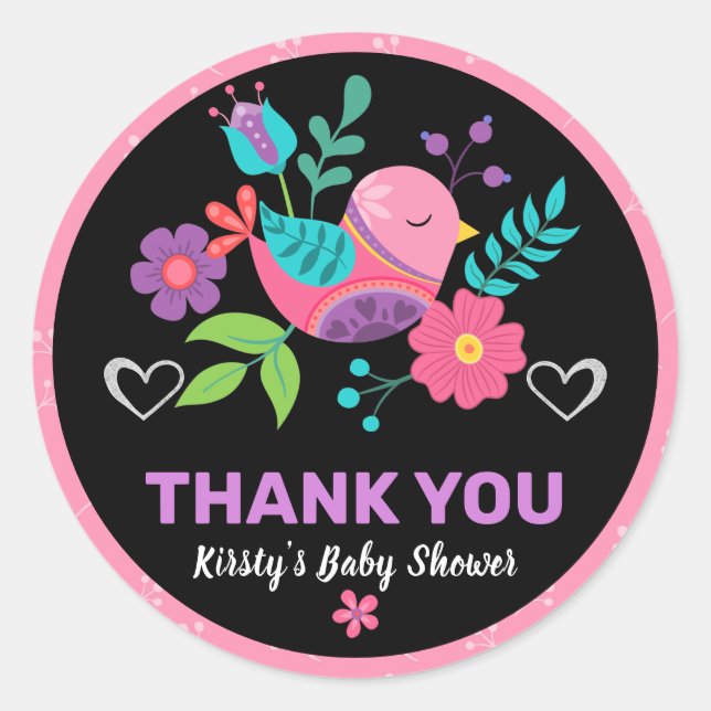 Sticker Rond Bright Bird & Floral Mexicain Fiesta Baby shower (Devant)