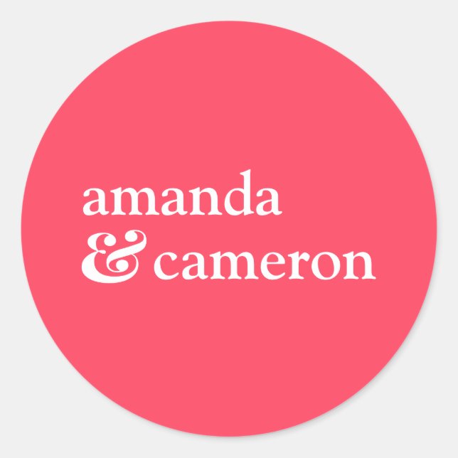 Sticker Rond Bright Coral Simple Bride et Groom Names Logo (Devant)