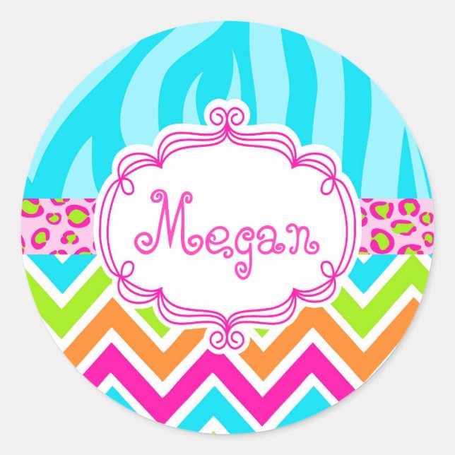 Sticker Rond Bright Leopard Zebra Imprimer Chevron Monogramme (Devant)