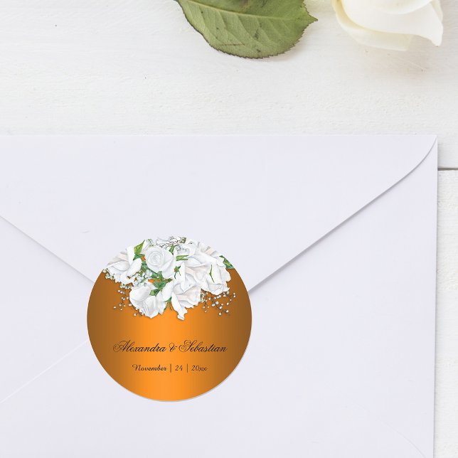 Sticker Rond Bright Orange et blanc Mariage de bouquet nuptial (Créateur téléchargé)