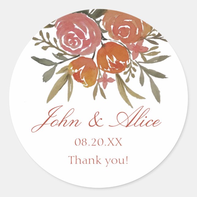 Sticker Rond Bright Peach et Orange Floral Mariage (Devant)