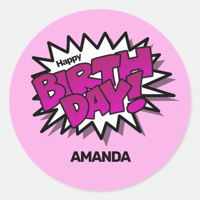 Sticker Rond Bright Pink Comic Text, Joyeux anniversaire (Devant)