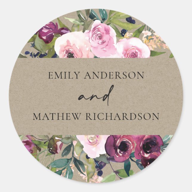 STICKER ROND BRILLANT KRAFT BLUSH BURGUNDY FLORAL BUNCH MARIAGE (Devant)
