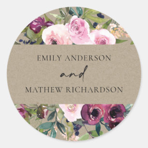 STICKER ROND BRILLANT KRAFT BLUSH BURGUNDY FLORAL BUNCH MARIAGE