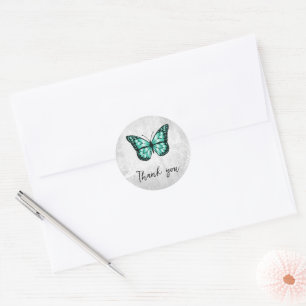 Sticker Rond Brillant Merci papillon Turquoise