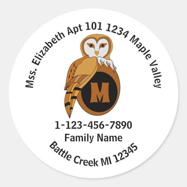 Sticker Rond British Barn Owl Téléphone d'urgence Adresse domic (Devant)