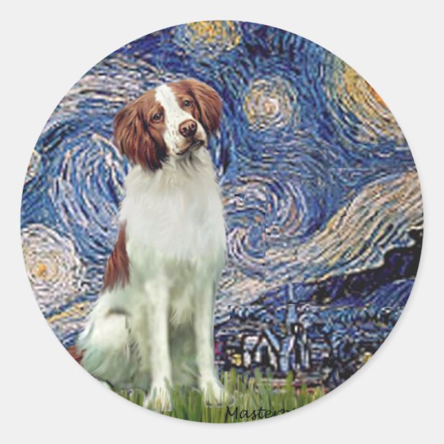 Sticker Rond Brittany Spaniel 3 - Nuit étoilée (Devant)