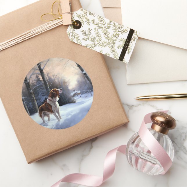 Sticker Rond Brittany Spaniel Laissez Neige Noël (Cadeaux)