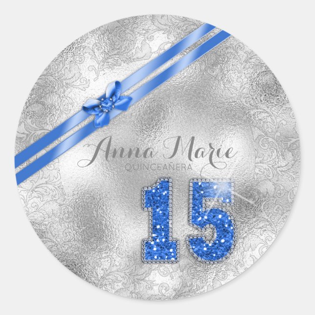 Sticker Rond Brocade Argent quinzième anniversaire bleu ID382 (Devant)