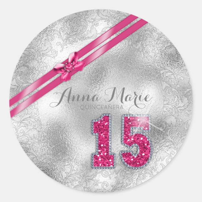 Sticker Rond Brocade Argent Quinzième anniversaire Hot Pink ID3 (Devant)