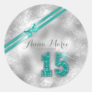 Sticker Rond Brocade Argent quinzième anniversaire ID Turquoise