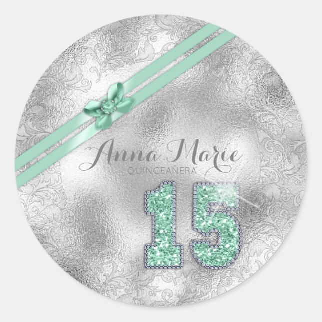 Sticker Rond Brocade Argent Quinzième Anniversaire Menthe verte (Devant)
