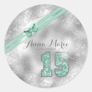 Sticker Rond Brocade Argent Quinzième Anniversaire Menthe verte