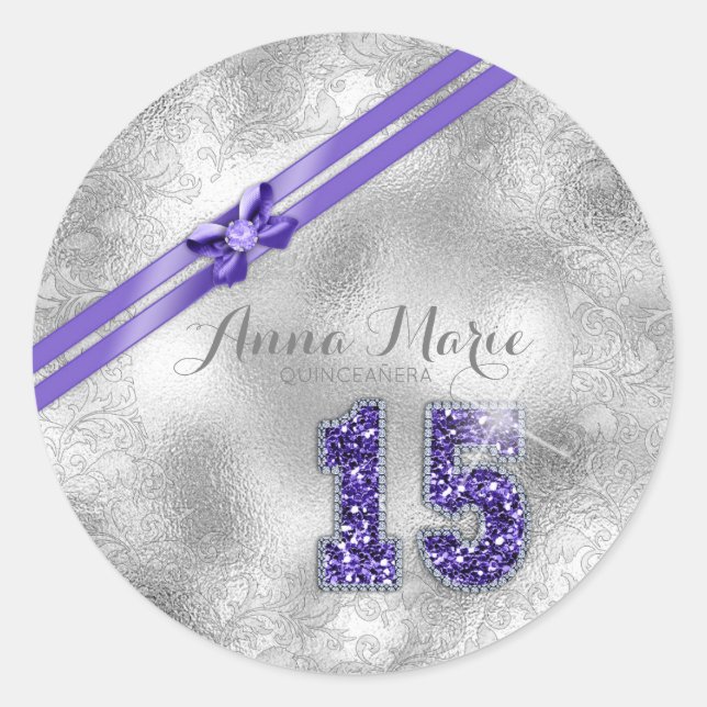 Sticker Rond Brocade Argent Quinzième anniversaire Purple ID382 (Devant)