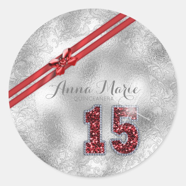 Sticker Rond Brocade Argent quinzième anniversaire Rouge ID382 (Devant)