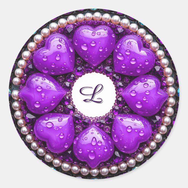 Sticker Rond Broche de bijou violet circulaire avec cœur (Devant)