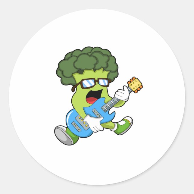 Sticker Rond Brocoli comme musicien avec guitare (Devant)