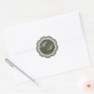 Sticker Rond Broderie Anglaise Crème Vintage Monogram Vert Oliv