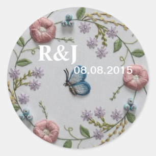 Sticker Rond Broderie rose menthe bleu floral papillon