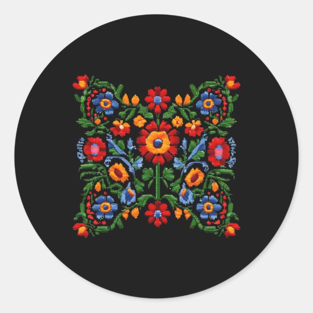 Sticker Rond Broderie ukrainienne drôle Fleurs traditionnelles  (Devant)