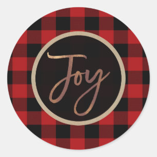 Sticker Rond Bronze JOY Fêtes de Noël Rouge Plaid Buffalo