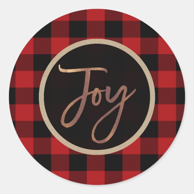 Sticker Rond Bronze JOY Fêtes de Noël Rouge Plaid Buffalo (Devant)