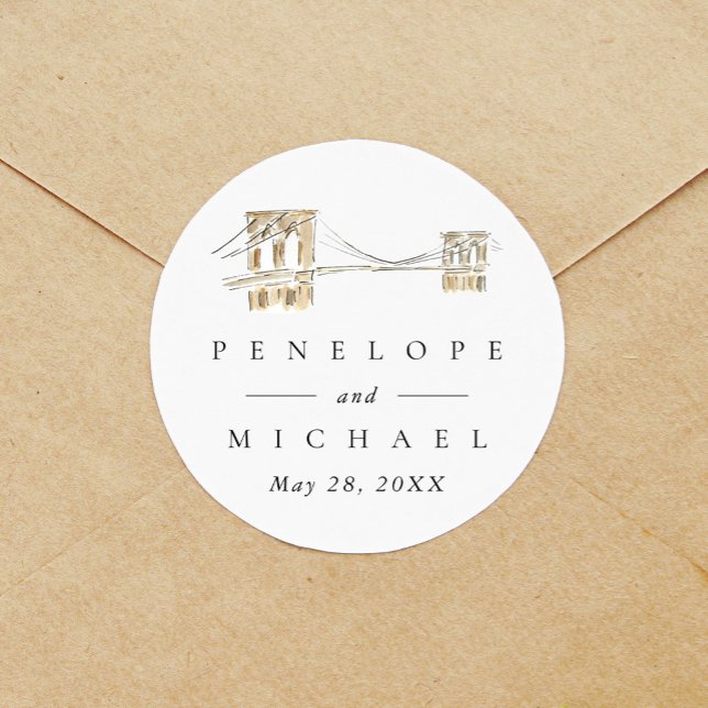 Sticker Rond Brooklyn Bridge Chic New York Mariage (Watercolor Brooklyn Bridge New York City wedding sticker label.)