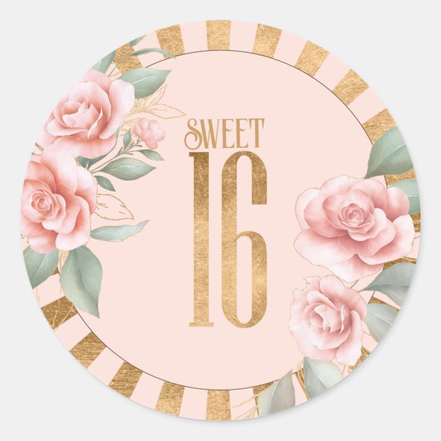 Sticker Rond Broussage de Sweet sixteen floral Gold Foil ID757 (Devant)