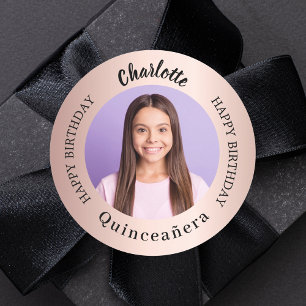 Sticker Rond Brousse en or rose photo personnalisée Quinceanera