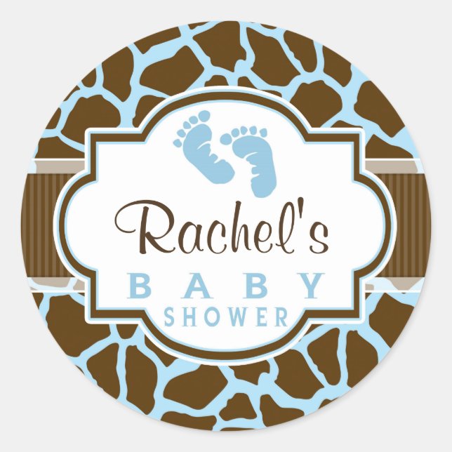 Sticker Rond Brown, Baby shower Poster de animal Blue Giraffe (Devant)