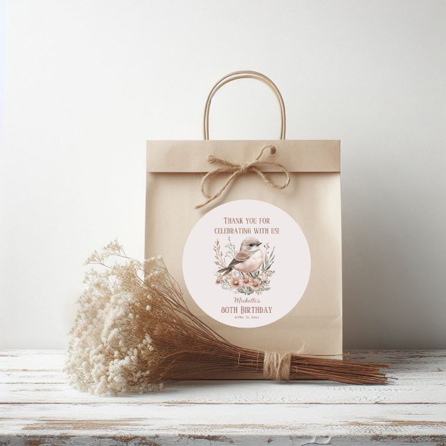 Sticker Rond Brown Bird 80e anniversaire Merci (Bird birthday party thank you sticker)