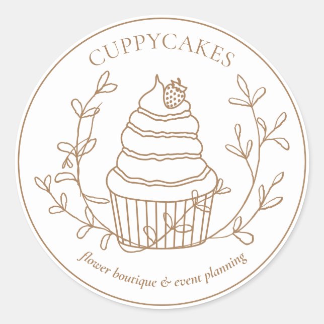 Sticker Rond Brown Boulangerie Florale Minimale Cupcake fraise (Devant)