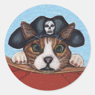 Sticker Rond Brown Cat Green Eyes Pirate Casquette Skull Red Bo