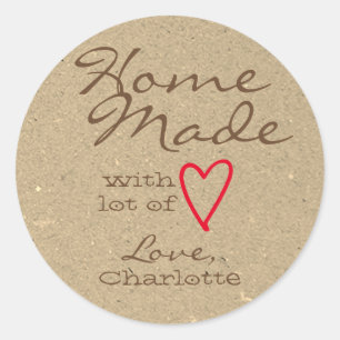 Sticker Rond Brown fait à la maison avec amour Rouge Coeur Papi