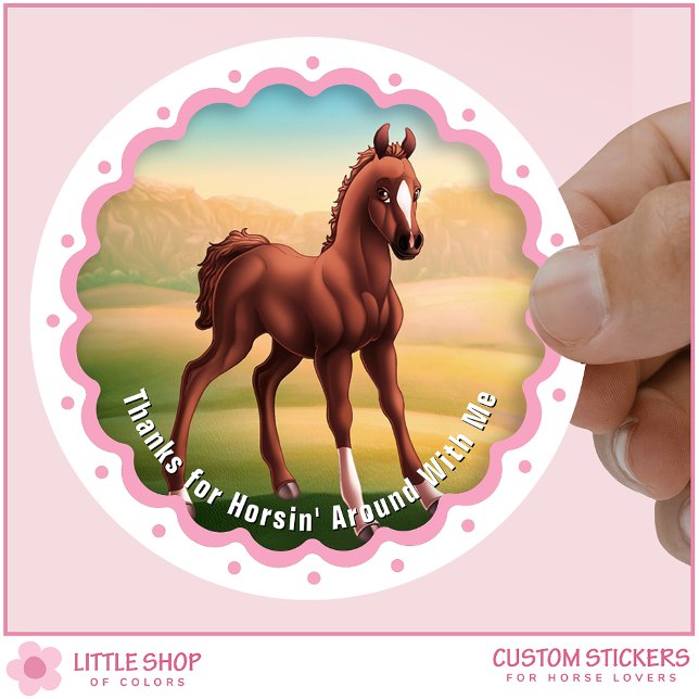 Sticker Rond Brown Foal Horse Birthday Party Favor Thank You (Créateur téléchargé)